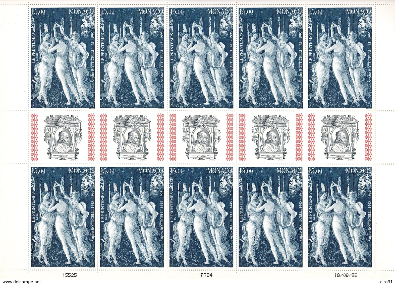 MON 1995  "Le Printemps" De Botticelli    Feuille Complète De 10 Ex.du N° YT 2010  ** MNH - Neufs