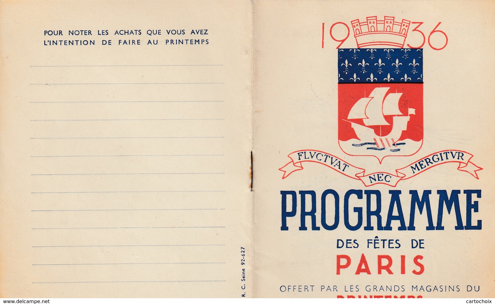 75 - Programme Des Fêtes De Paris - 1936 - Offert Par Les Grands Magasins Du Printemps - Autres & Non Classés