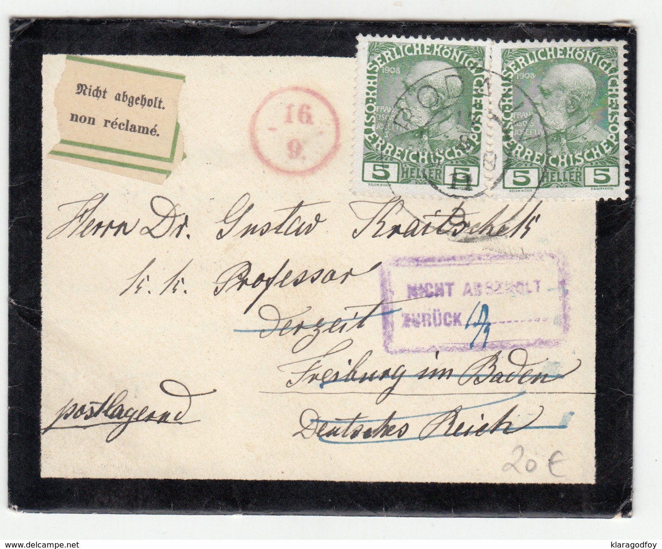 Nicht Abgeholt - Non Réclamé Sticker On Retourned Letter Travelled 1911 Rodaun To Freiburg B190412 - Briefe U. Dokumente