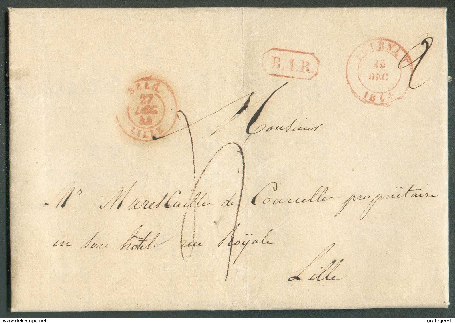 LAC De TOURNAY + Griffe B;1.R. Le 20 Décembre 1844 Vers Lille; Port De 4 Décimes. 13813 - 1830-1849 (Unabhängiges Belgien)