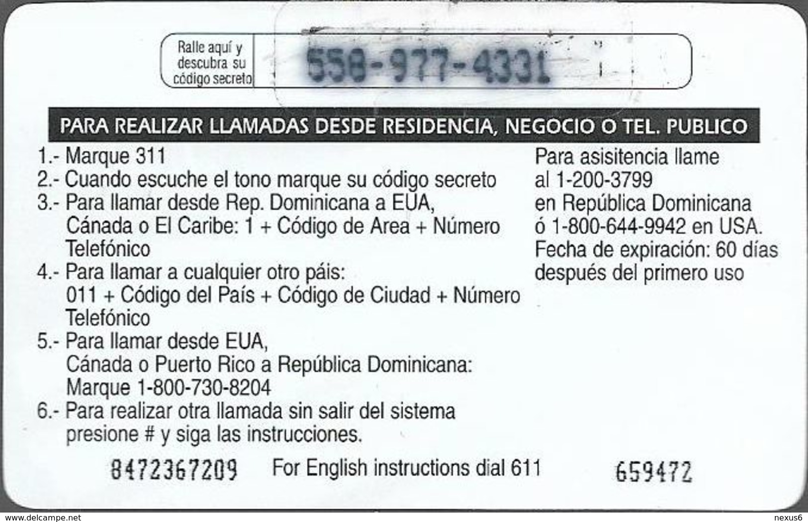 Dominican Rep. - Codetel (ComuniCard) Phone - 45RD$, Remote Mem. Used - Dominicana