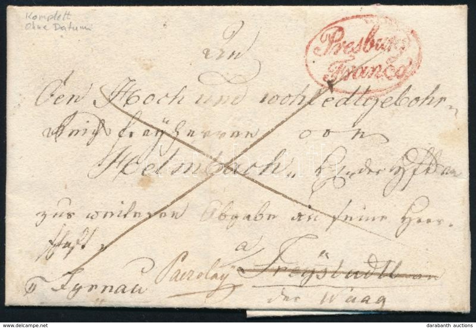 Ca. 1836 Franco Levél / Cover Piros/red 'Presburg/Franco' - Freystadt - Other & Unclassified