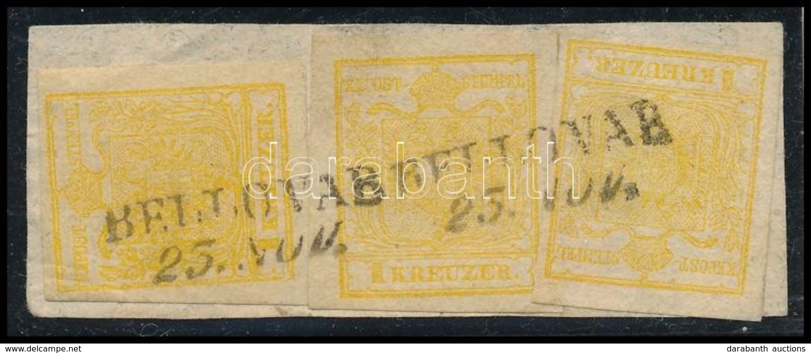 1850 3 X 1kr HP III 4. Lemez, Kadmiumsárga, Egy Bélyegen Lemezhiba / 3 X 1kr HP III Plate 4., Cadmium Yellow, 1 Stamp Wi - Autres & Non Classés