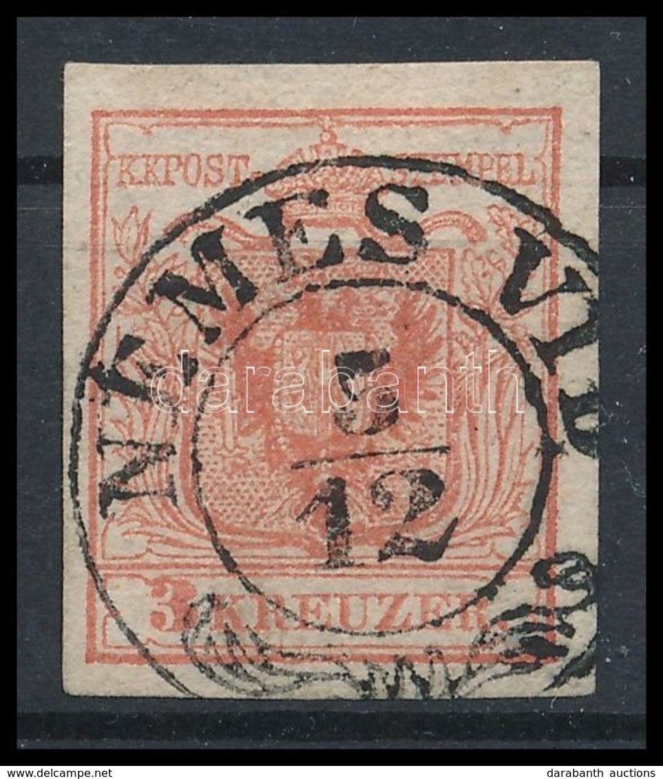 O 1850 3kr Rózsapiros HP Ia / Rose Red 'NEMES VID' Certificate: Strakosch - Other & Unclassified