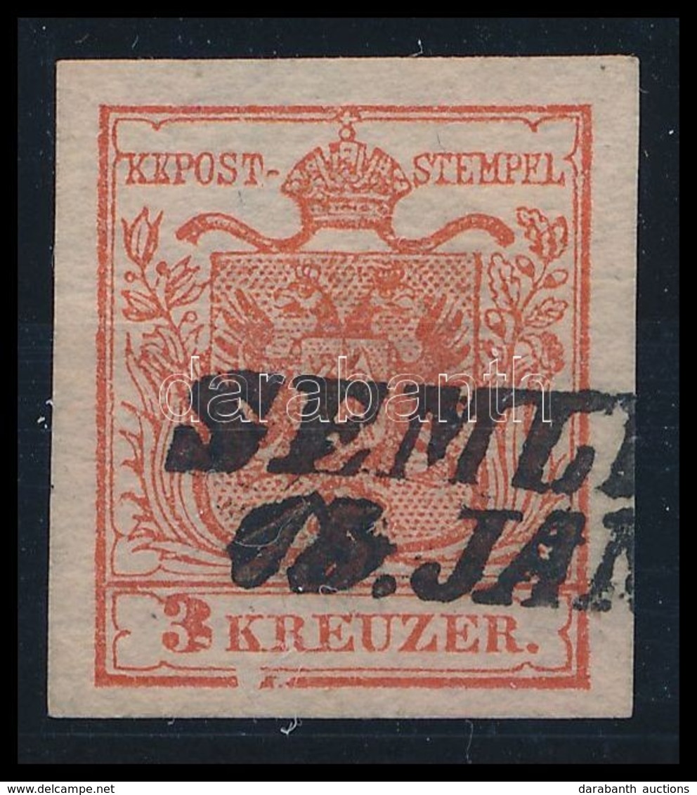 O 1850 3kr Cinóber Piros HP IaI Látványos Keretkitörés Lemezhiba / Cinnabar Red HP IaI, Broken Frame Below 'SEMLIN' Cert - Other & Unclassified