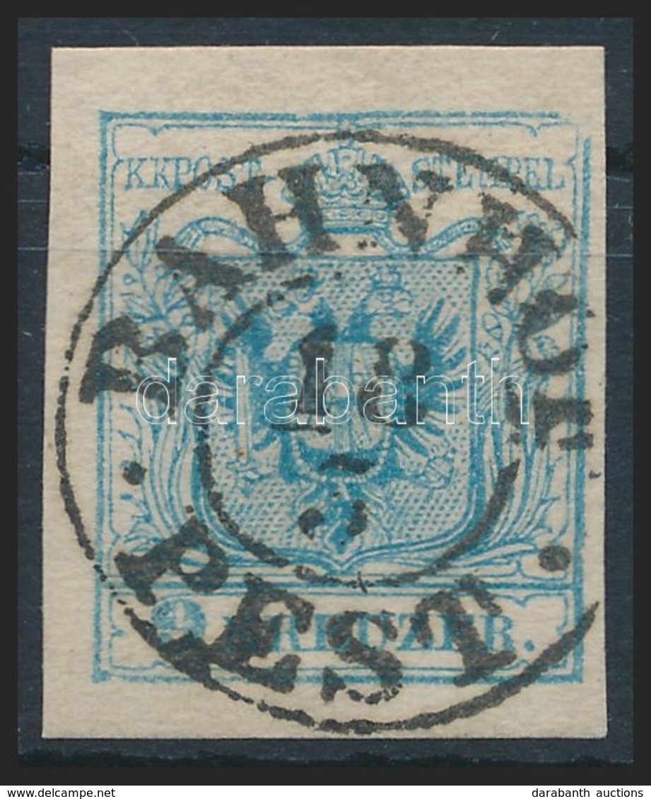 O 1850 9kr Világoskék MP IIIb Finom Nyomat, Látványos Lemezhiba / Light Blue, Fine Print With Plate Flaw 'BAHNHOF / PEST - Autres & Non Classés