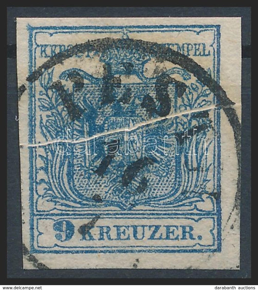 O 1850 9kr Kék HP III Látványos Papírránccal / Blue, With Large Paper Crease 'PESTH' Certificate: Strakosch - Sonstige & Ohne Zuordnung