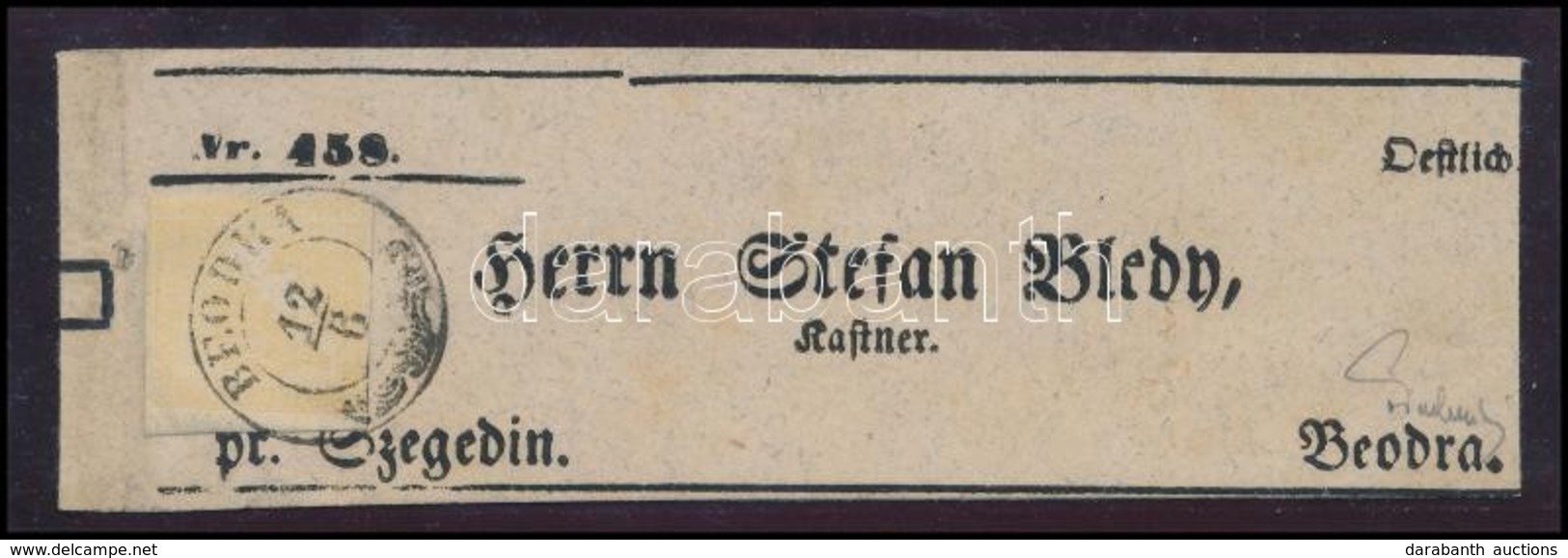 1851 Hírlapbélyeg 6kr Sárga Merkúr Teljes Címszalagon (3.000.000) / Newspaper Stamp Mi 7 On Complete Wrapper 'BEODRA' Ce - Autres & Non Classés