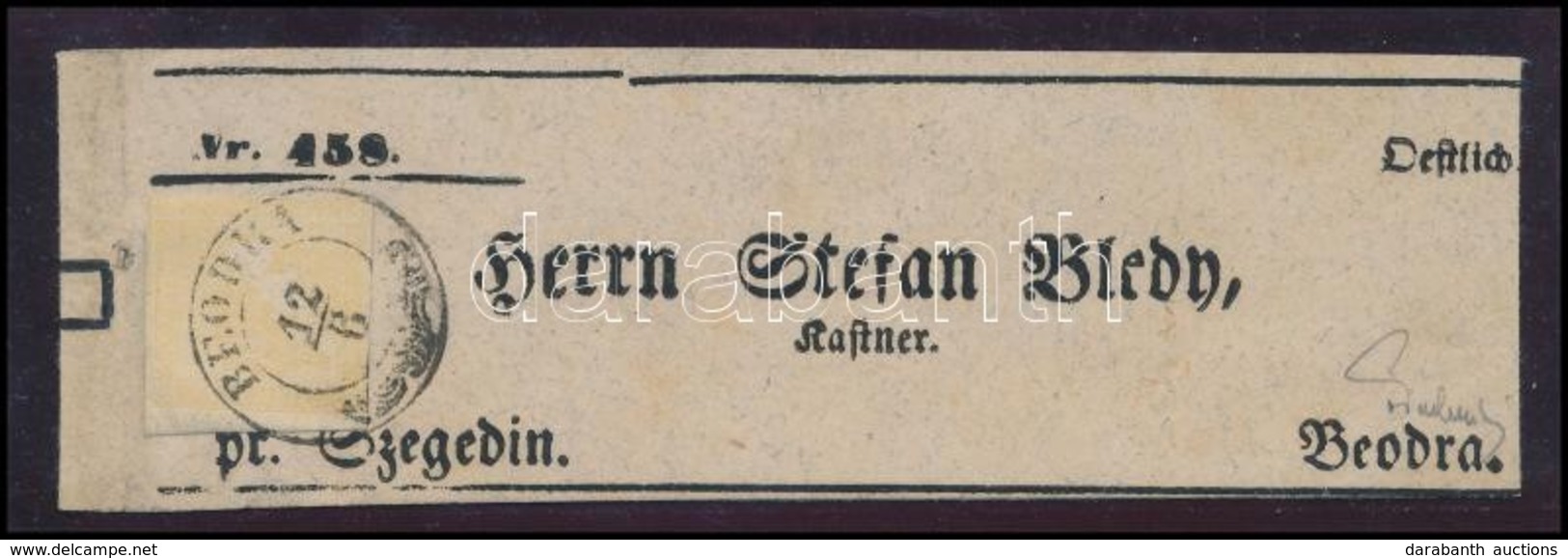 1851 Hírlapbélyeg 6kr Sárga Merkúr Teljes Címszalagon (3.000.000) / Newspaper Stamp Mi 7 On Complete Wrapper 'BEODRA' Ce - Sonstige & Ohne Zuordnung