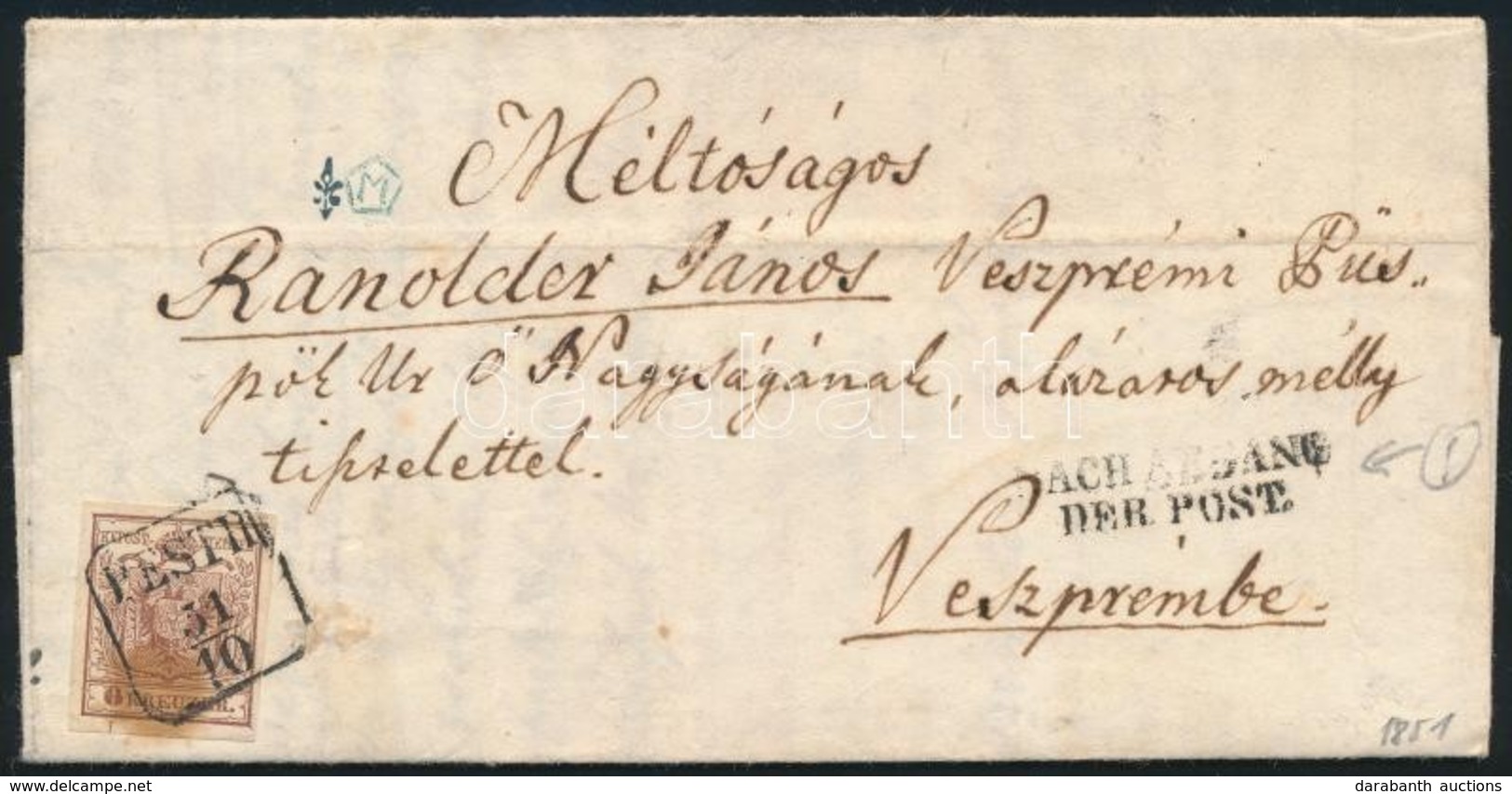 1851 6kr HP I. Finom Nyomat Levélen / Fine Print, On Cover 'PESTH' + 'NACH ABGANG DER POST' - 'VESZPRIM' - Other & Unclassified