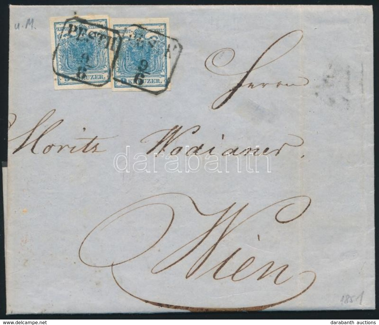 1851 2 X 9kr HP II Kiemelt Középrésszel 2. Súlyfokozatú Levélen / With Highlighted Middle Part On Cover 2nd Weight Class - Other & Unclassified