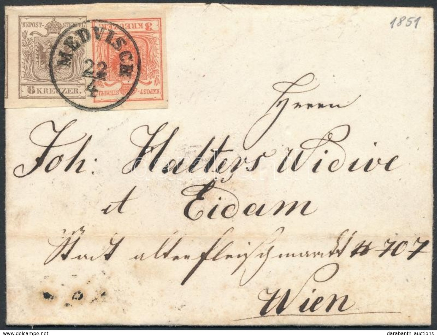 1851 3kr + 6kr Levélen / On Cover 'MEDVISCH' - Wien - Autres & Non Classés