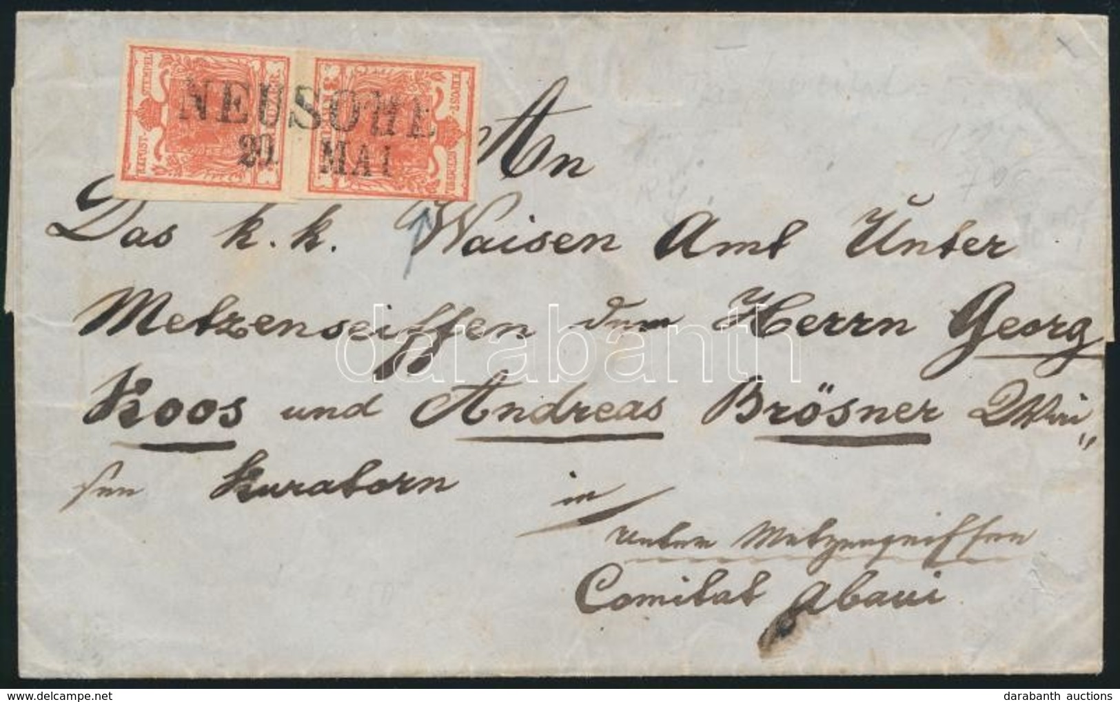 ~1852 2 X 3kr HP I. Bordázott Papír Levélen / Ribbed Paper, On Cover 'NEUSOHL' - 'LOSONCZ' Unter Metzenseifen. Certifica - Other & Unclassified