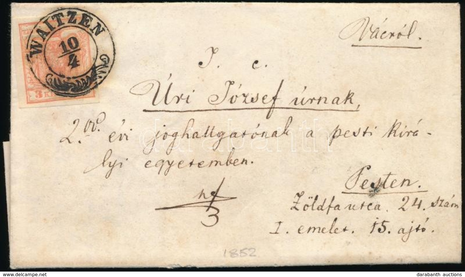 1852 3kr Levélen / On Cover 'WAITZEN' - Pest - Autres & Non Classés