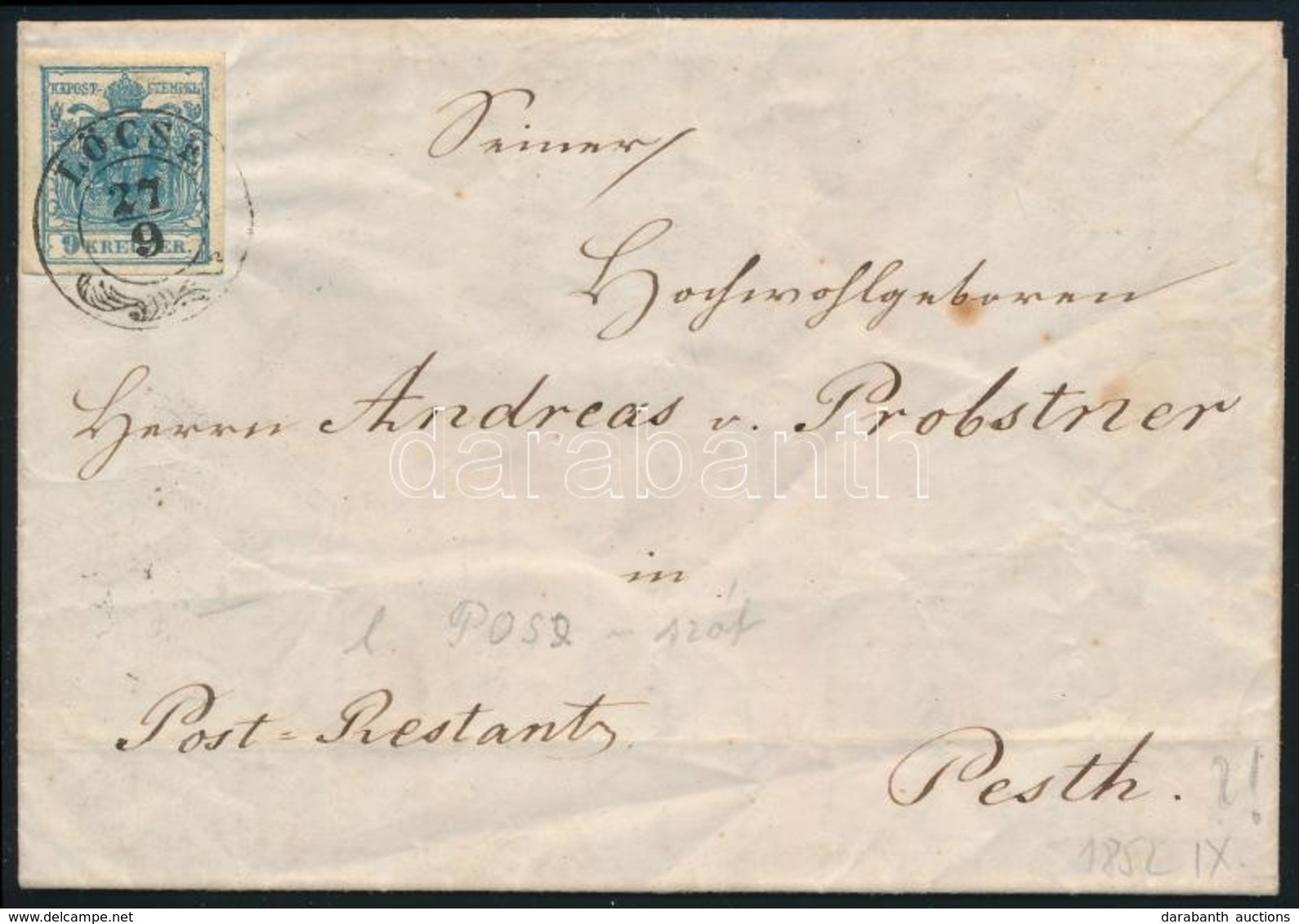 1852 9kr Lemezhibával Távolsági Levélen, Postán Maradó Feljegyzéssel / With Plate Flaw On Domestic Cover 'LŐCSE' - Pesth - Other & Unclassified