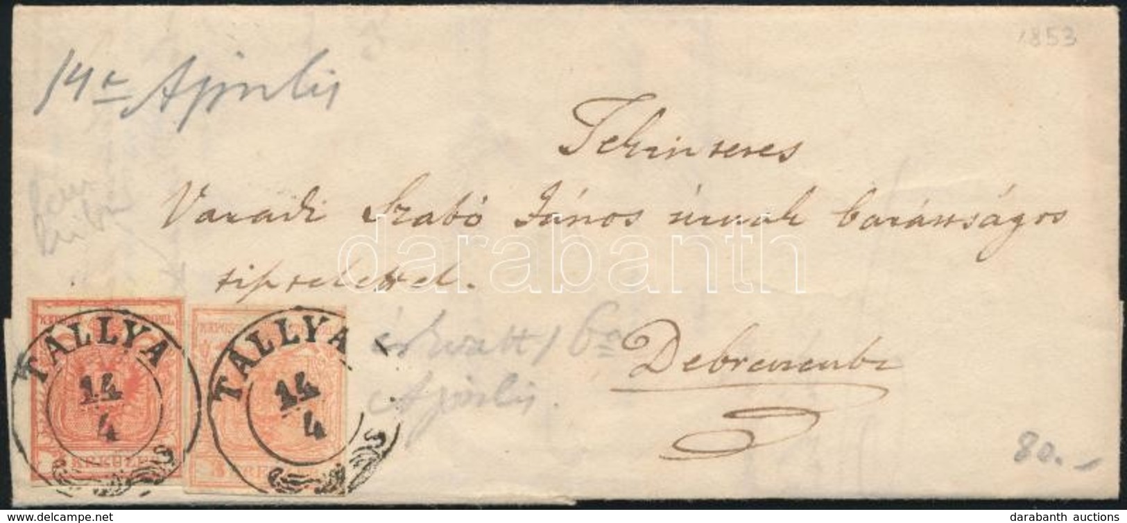 1853 2 X 3kr Eltérő Színben, Lemezhibákkal Levélen /  Different Colours, Plate Flaws On Cover 'TÁLLYA' - Debreczen - Other & Unclassified