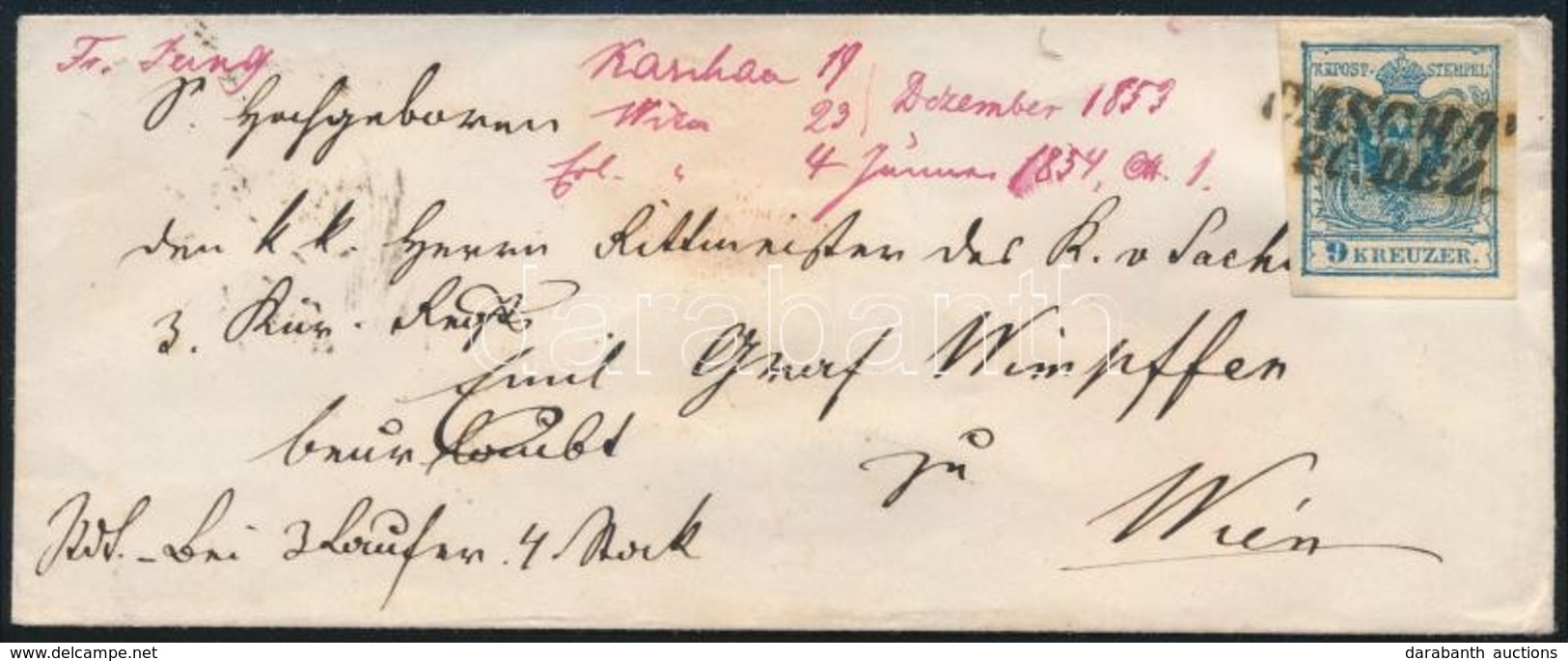 1853 9kr HP III. Levélen / On Cover 'CASCHAU' - 'WIEN' - Sonstige & Ohne Zuordnung