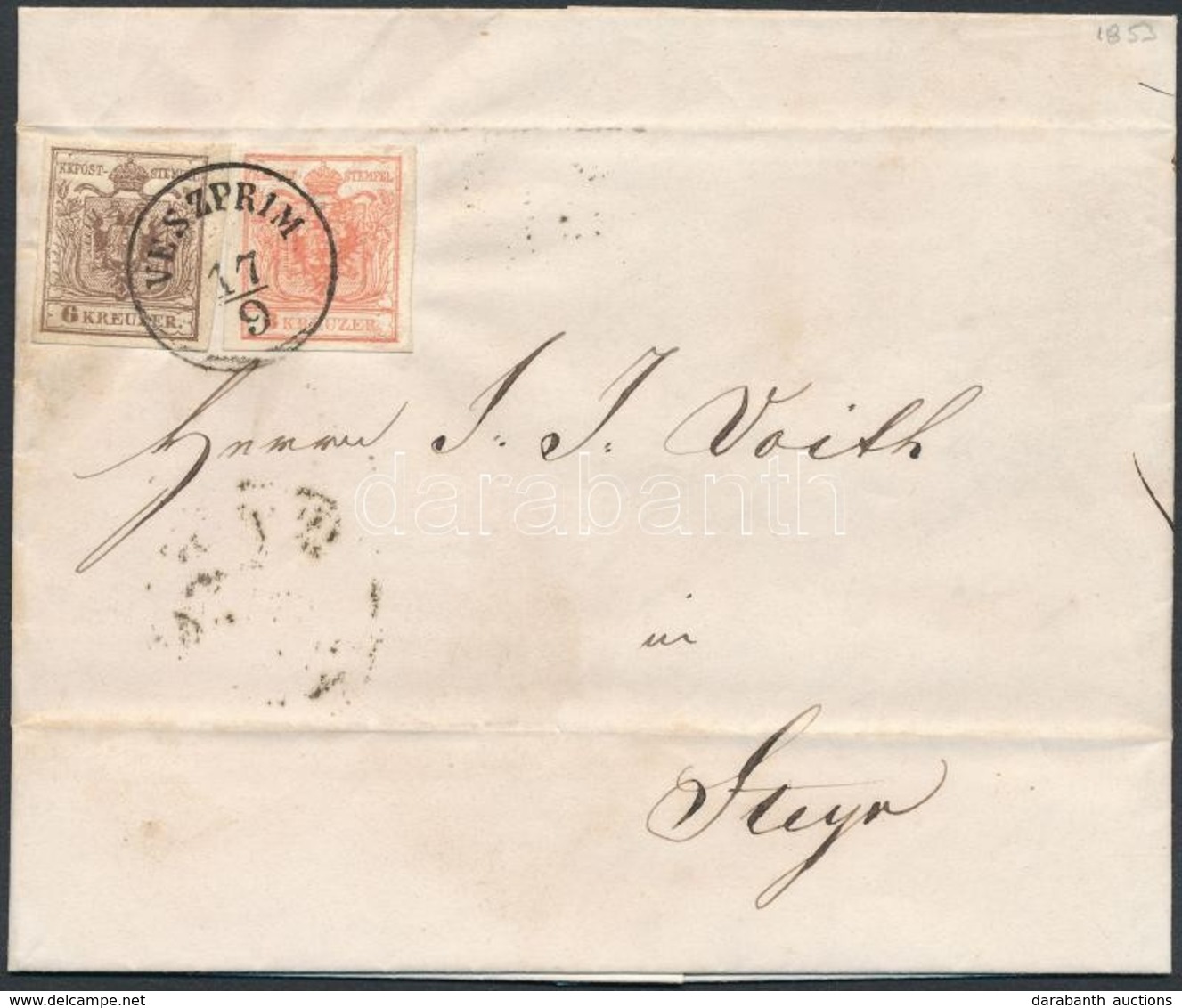 1853 3kr + 6kr Levélen / On Cover 'VESZPRIM' - Steyr - Autres & Non Classés