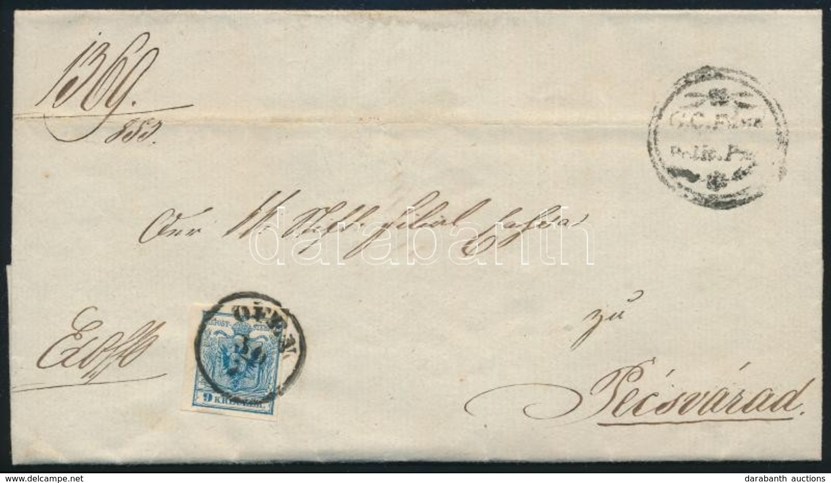 1853 9kr HP IIIa Távolsági Levélen / On Domestic Cover 'OFEN' - Pécsvárad - Sonstige & Ohne Zuordnung