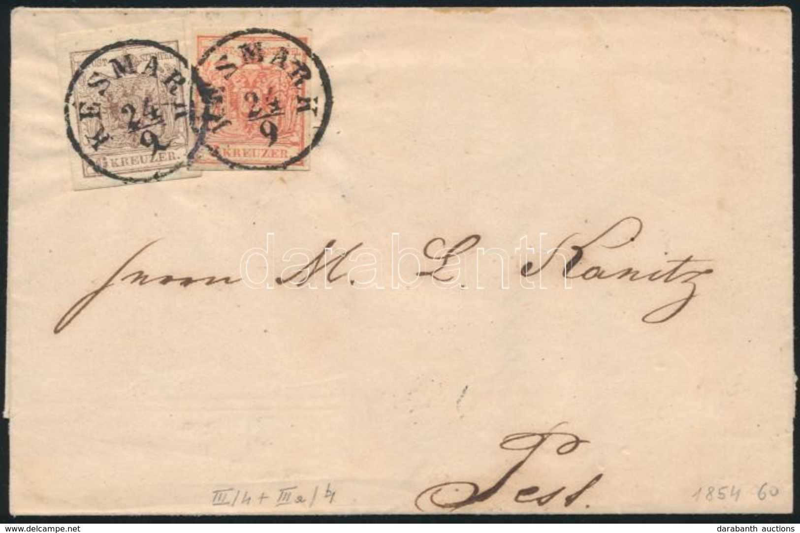 1854 3kr + 6kr HP III Levélen / On Cover 'KÉSMÁRK' - 'PESTH' - Autres & Non Classés