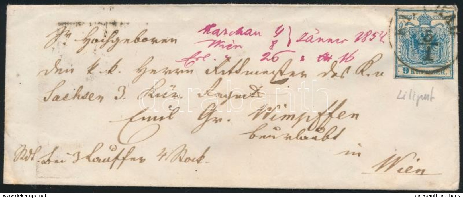 1854 9kr HP III. Liliputi Vágással, Levélen / On Cover 'KASCHAU' - 'WIEN' - Other & Unclassified