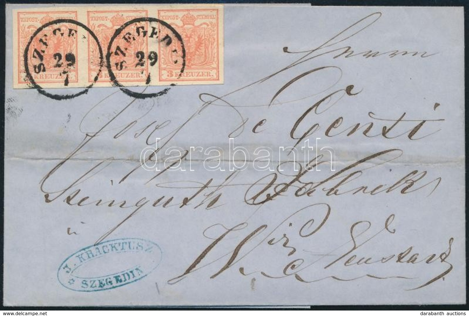 ~1855 3kr MP III Hármascsík Levélen / Stripe Of 3 On Cover 'SZEGEDIN' - Wiener Neustadt - Sonstige & Ohne Zuordnung