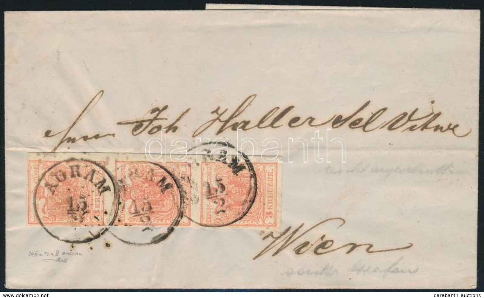 1855 3kr Függőleges Hármascsík Levélen, Nagyon Szép állapotban / Stripe Of 3 On Cover 'AGRAM' - Wien - Other & Unclassified