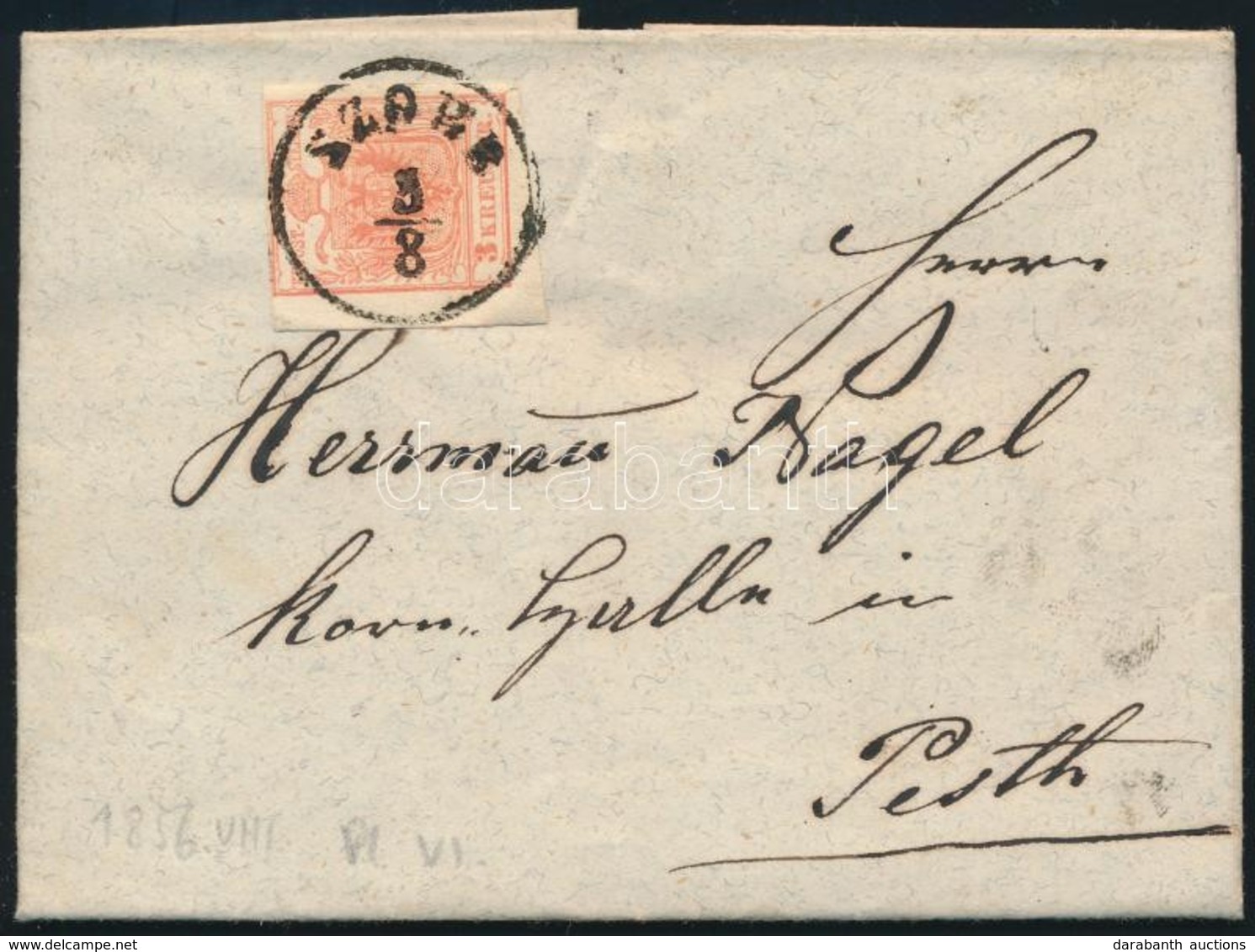 1856 3kr ívsarki, Levélen / Margin Piece On Cover 'SZOBB' - Pesth (Gudlin 250 P) - Autres & Non Classés