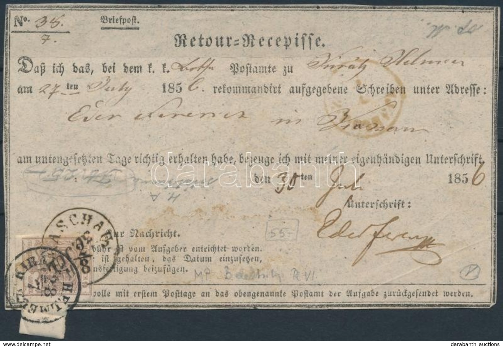 1856 6kr Tértivevényen / On Retour Recepisse 'KIRÁLYHELMECZ - Sonstige & Ohne Zuordnung