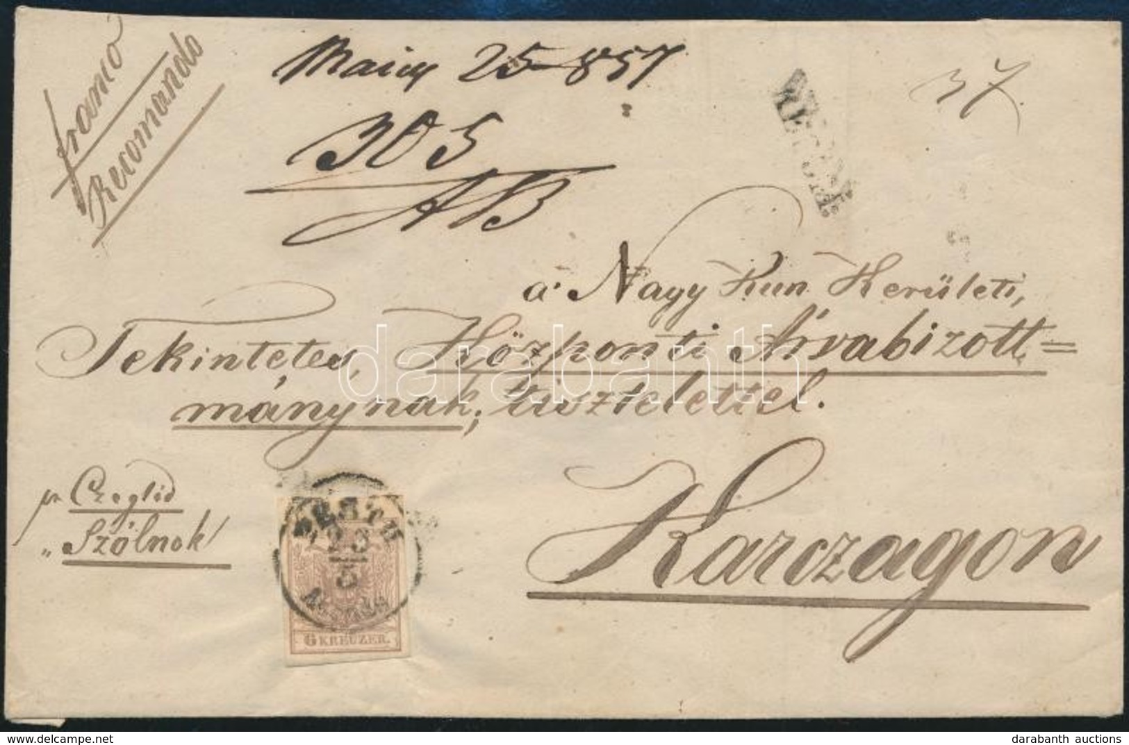 1857 2 X 6kr Ajánlott Levél Elő- és Hátoldalán / On Registered Cover 'PESTH' - Karczag - Sonstige & Ohne Zuordnung