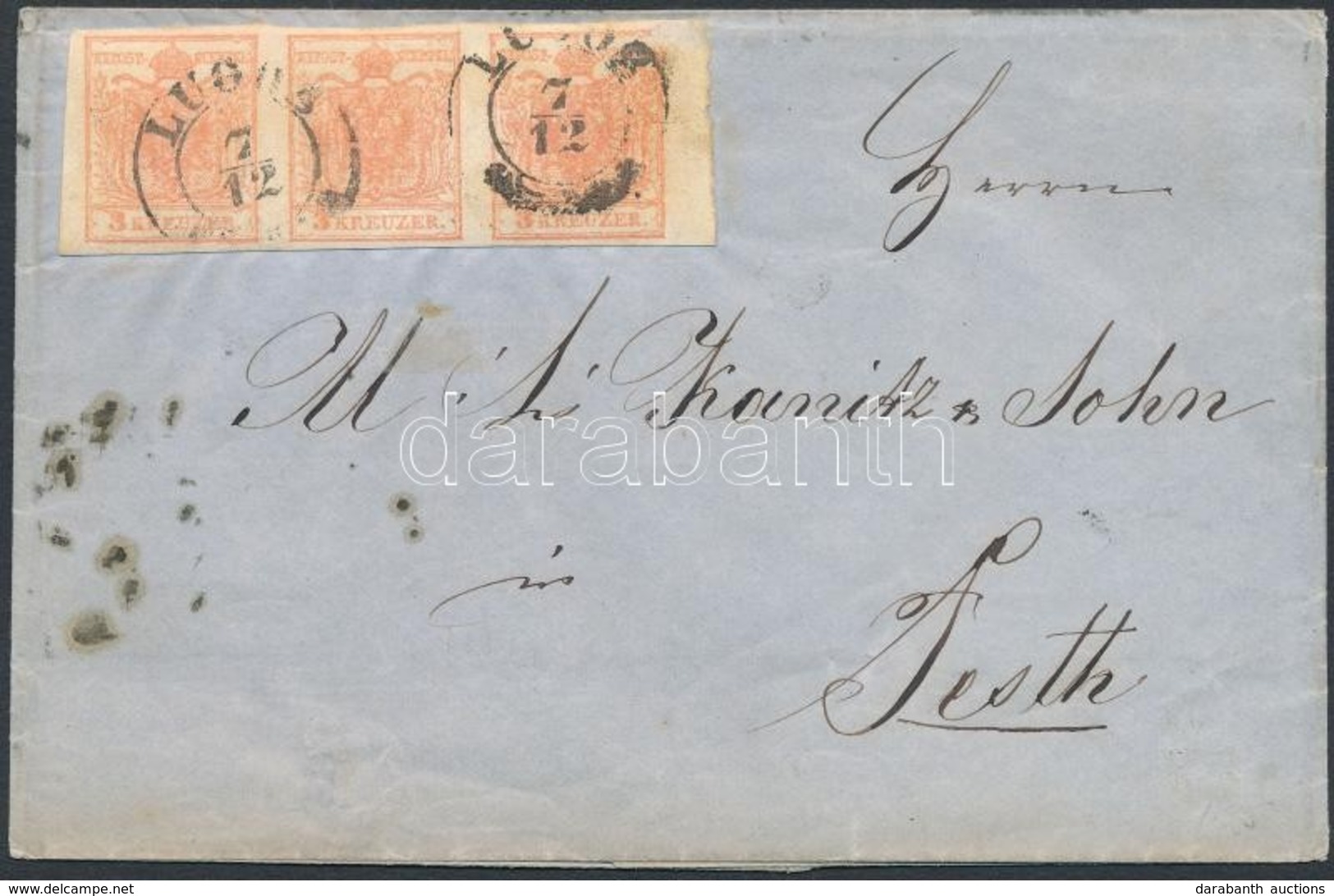 1857 3kr Hármascsík 5 Mm ívszéllel Levélen / Stripe Of 3 With 5 Mm Margin On Cover 'LUGOS' - Pesth - Other & Unclassified