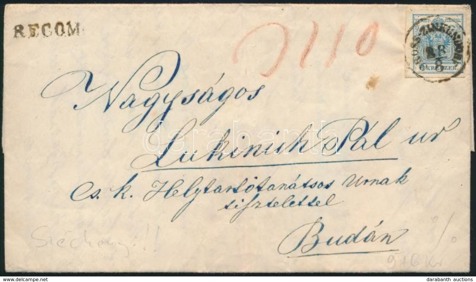 1857 9kr + 6kr Ajánlott Távolsági Levélen, A Széchenyi Család Említésével / On Registered Domestic Cover 'GROSS-ZINKENDO - Andere & Zonder Classificatie