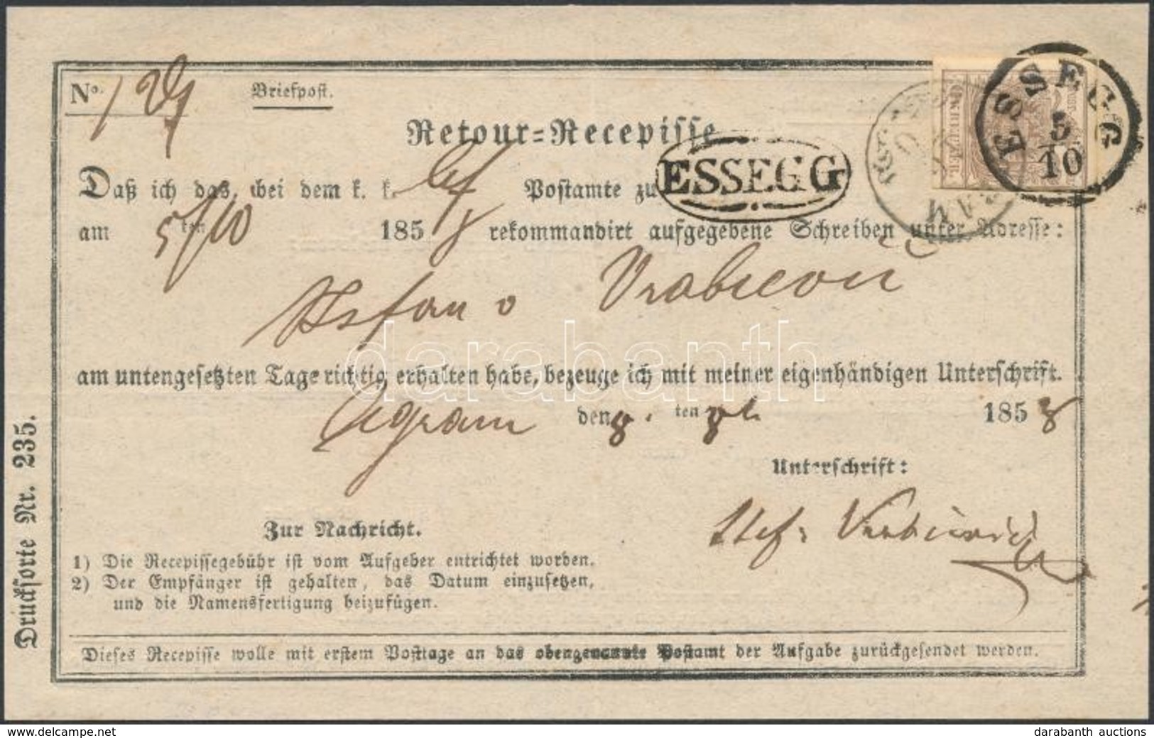 1858 6kr Retour Recepisse 'ESSEGG' - Agram - Sonstige & Ohne Zuordnung