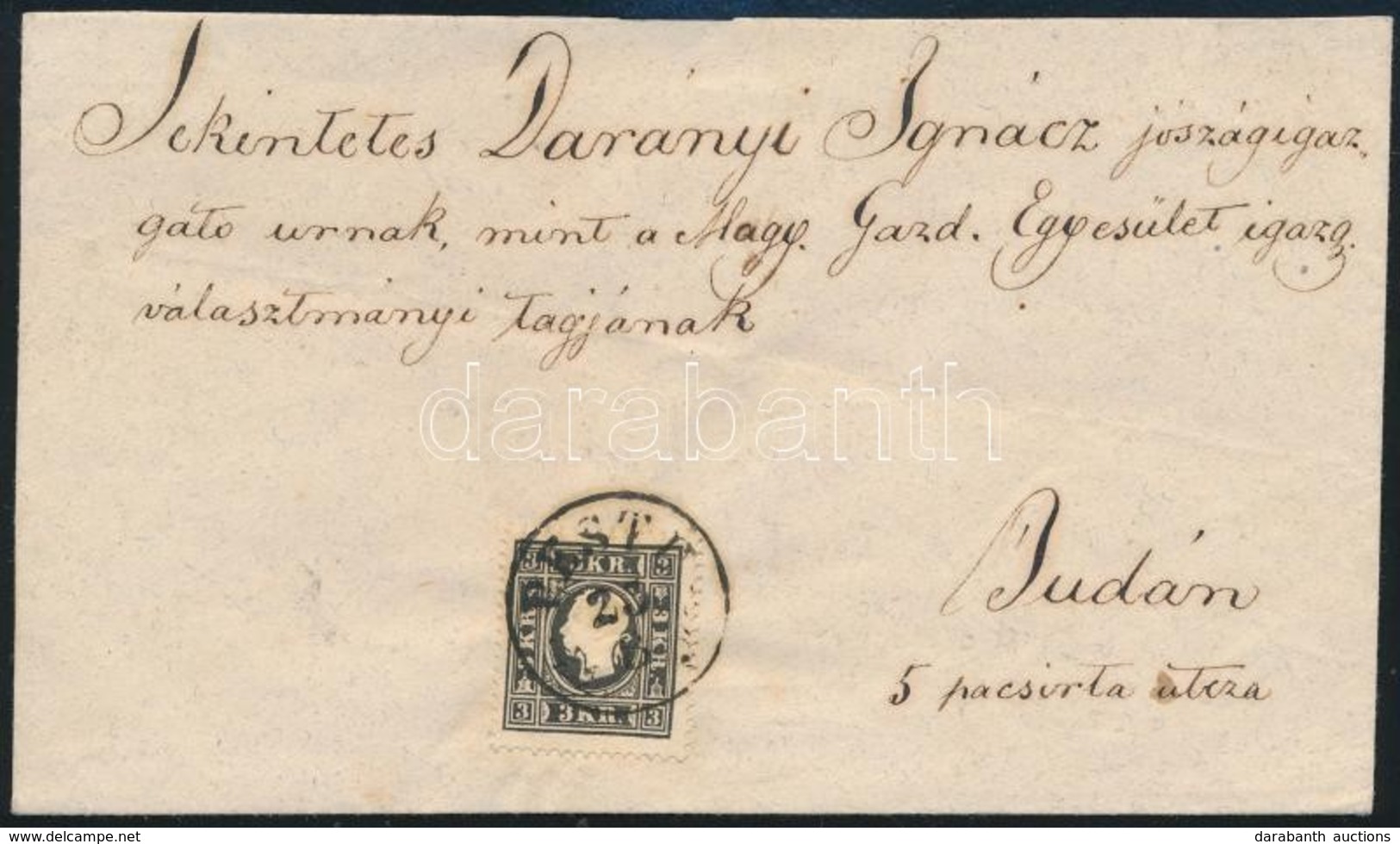 ~1858 3kr Fekete II-es Típus Levélen (180.000) / 3kr Black Type II. On Cover 'PESTH' - Buda - Autres & Non Classés