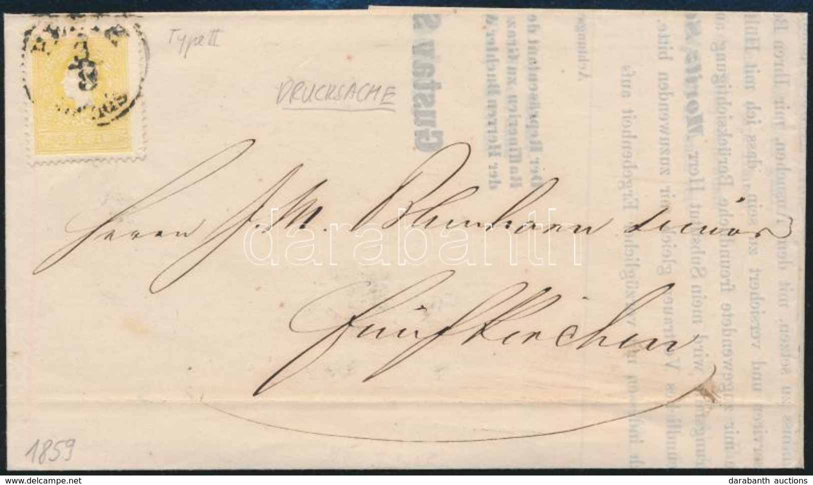 1859 2kr II Sárga, Nyomtatványon / Yellow, On Printed Matter 'PESTH / Abends' - Fünfkirchen - Other & Unclassified