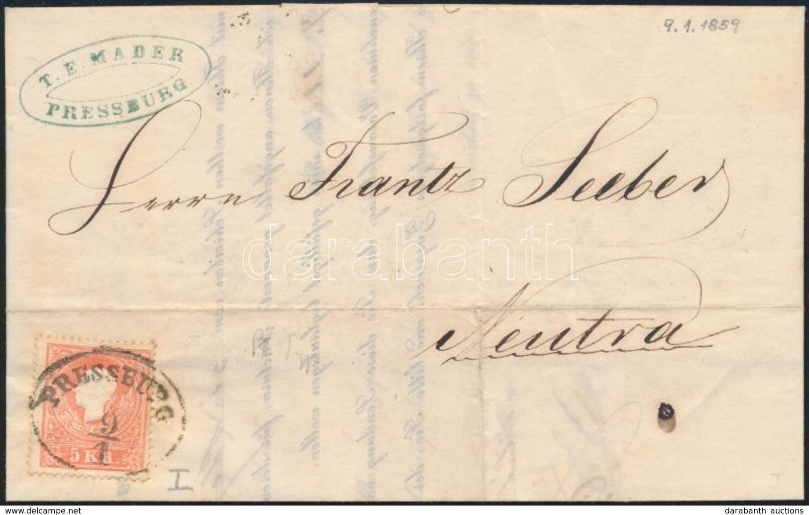 1859 5kr I. Levélen / On Cover 'PRESSBURG' - 'NEUTRA' - Other & Unclassified