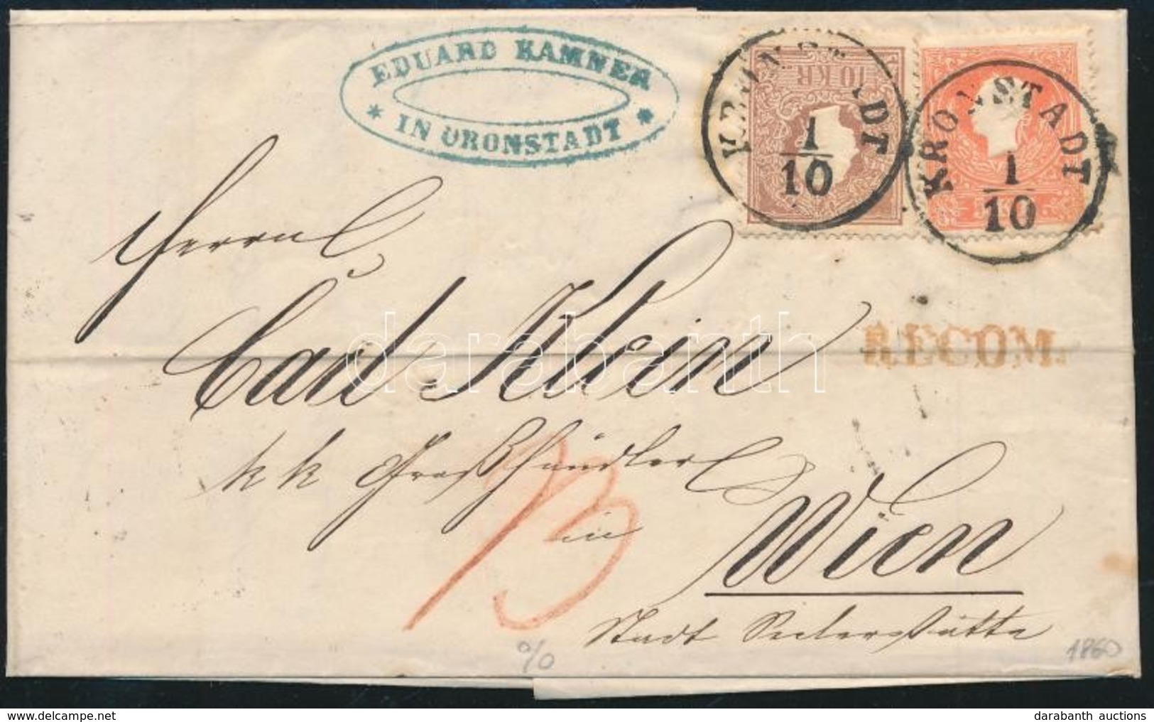 1860 5kr + 10kr II + Hátul ép 10kr Ajánlott Levélen / On Registered Cover 'KRONSTADT' + Piros/red 'RECOM' - 'WIEN' - Autres & Non Classés