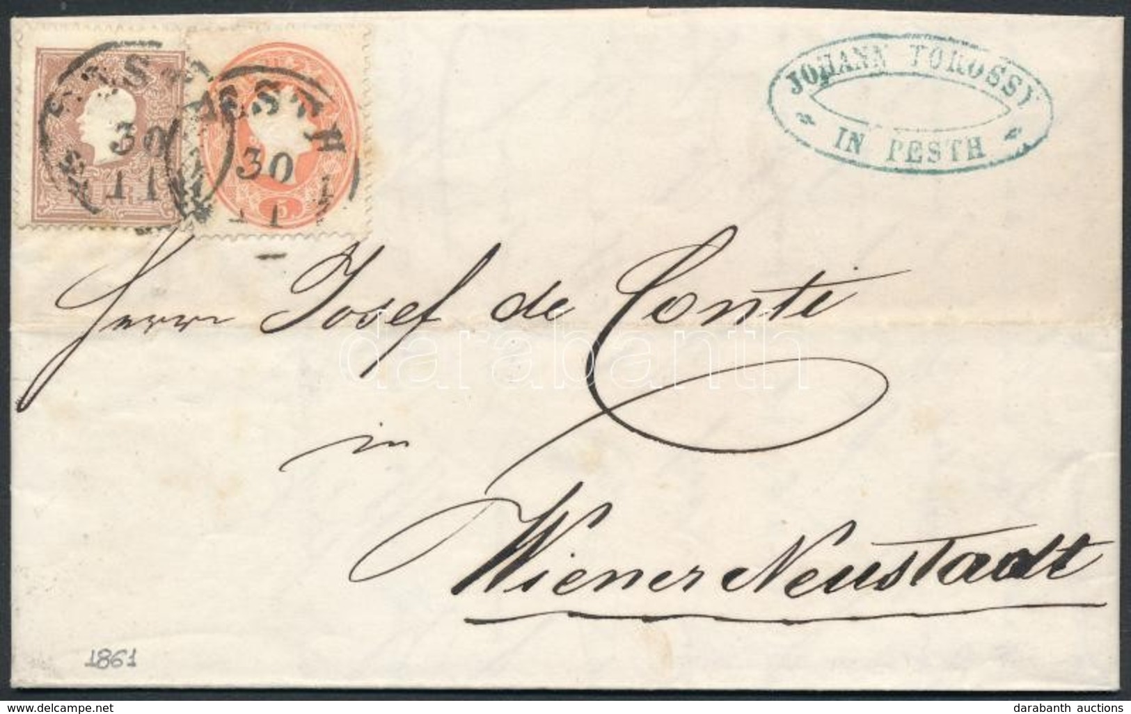 1861 1858 10kr + 1861 5kr Vegyes Bérmentesítés Levélen / Mixed Franking On Cover 'PESTH' - W. Neustadt - Sonstige & Ohne Zuordnung