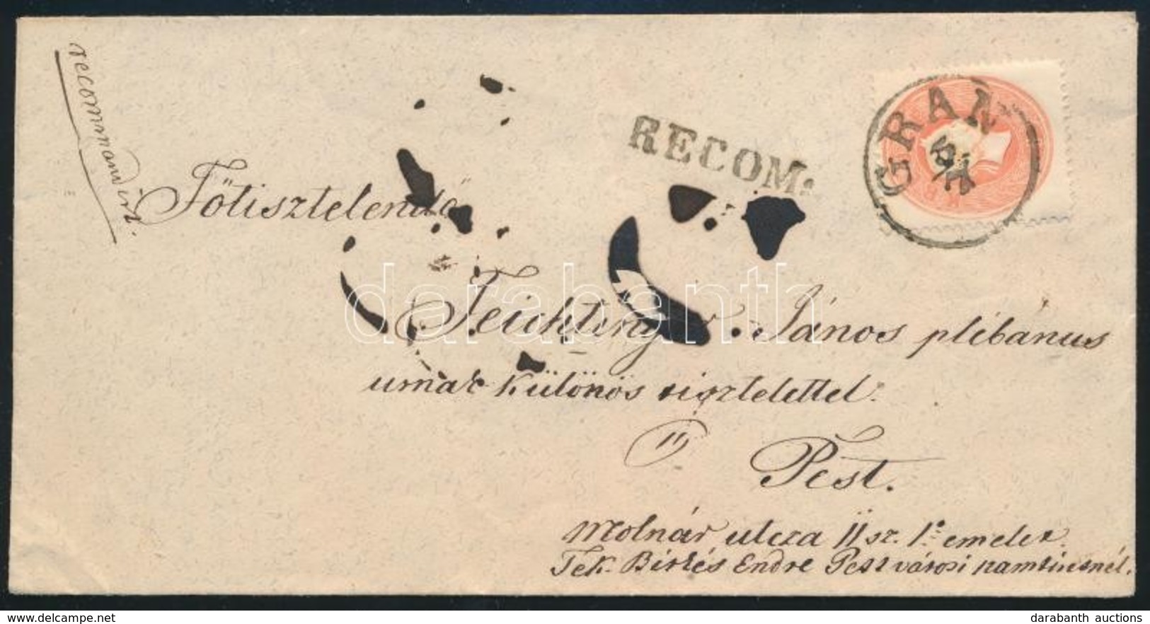 ~1861 5kr Festékfolt A Nyakon + 10kr Ajánlott Levélen / 5kr Paint Spots + 10kr On Registered Cover 'GRAN' - Pest - Autres & Non Classés