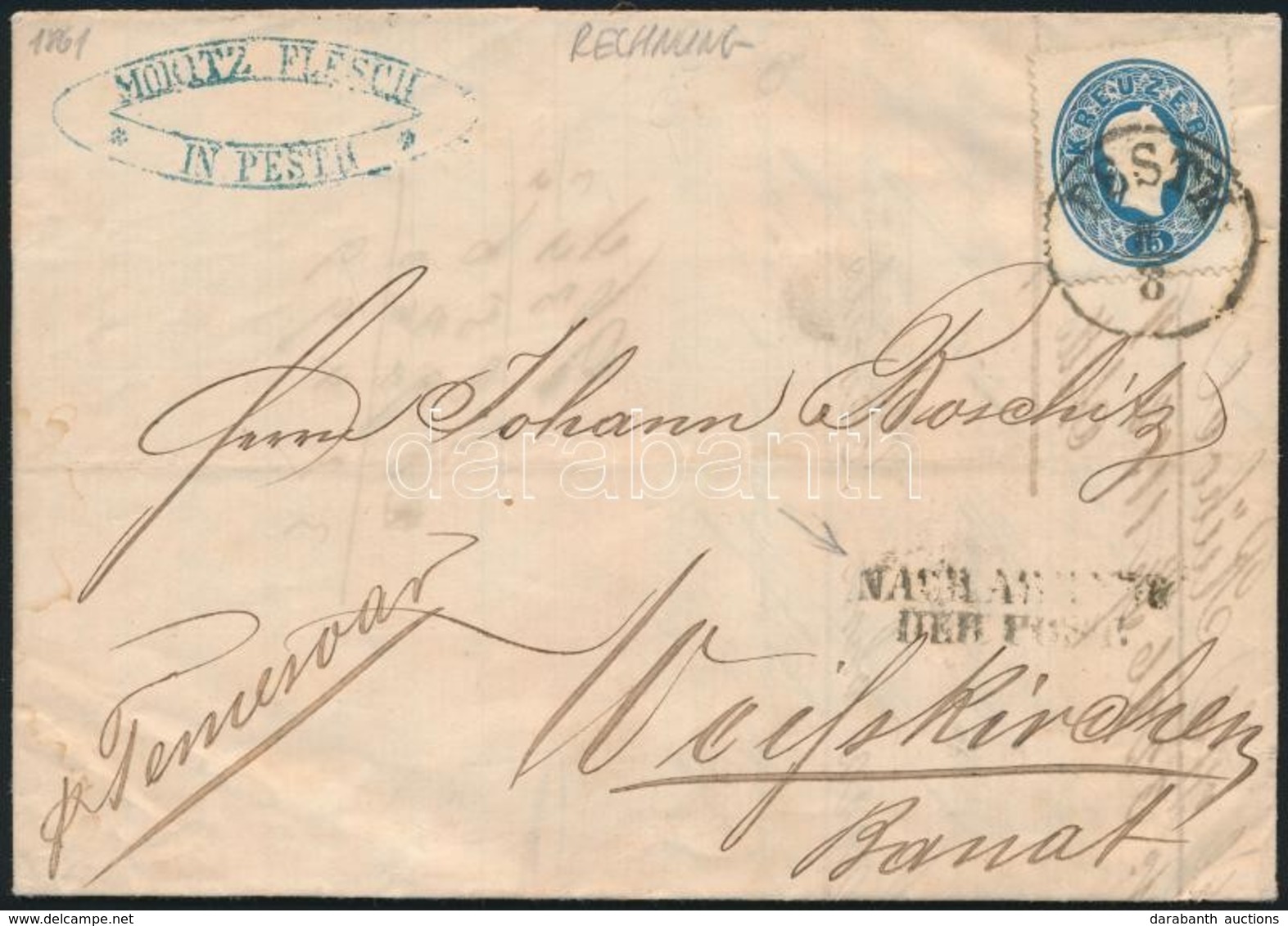 1861 15kr Levélen / On Cover 'PESTH' + 'NACH ABGANG DER POST' - Weisskirchen - Autres & Non Classés