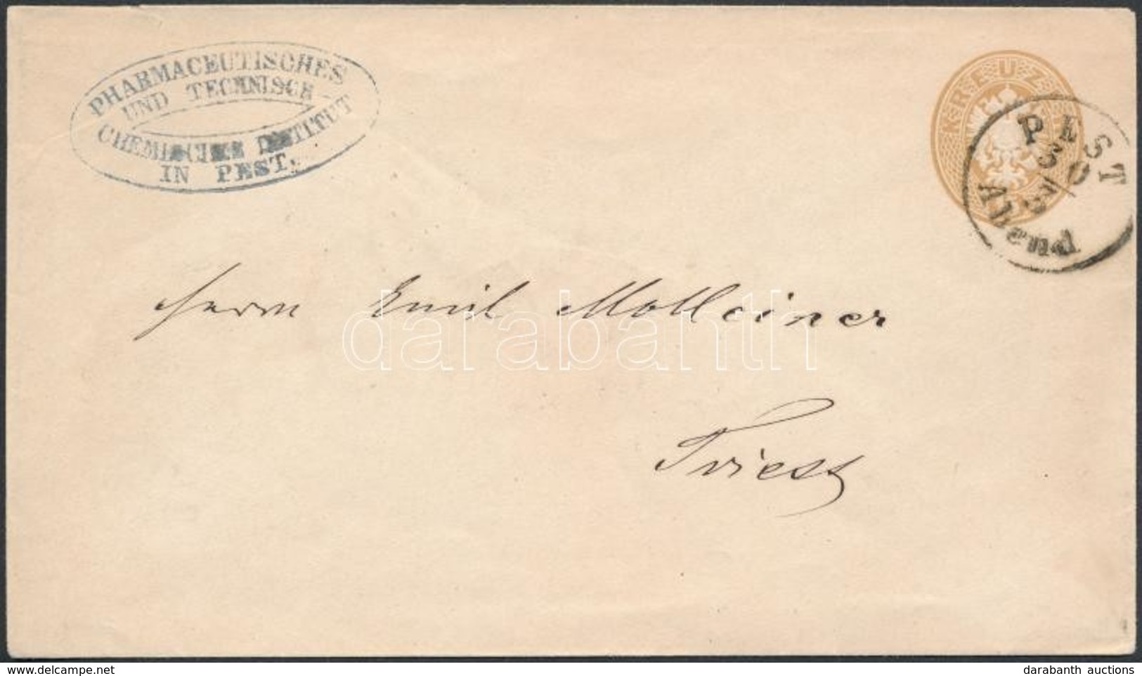 ~1863 15kr Díjjegyes Boríték / PS-cover 'PEST/Abend' - Triest - Autres & Non Classés