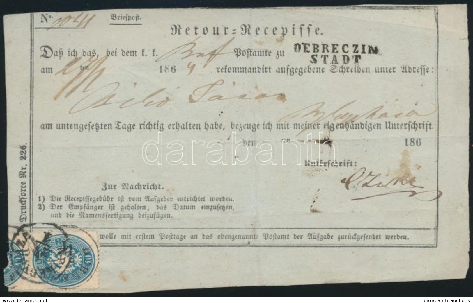 1864 10kr Retour Recepisse 'DEBRECZIN STADT' - 'NYIREGYHÁZA' - Autres & Non Classés