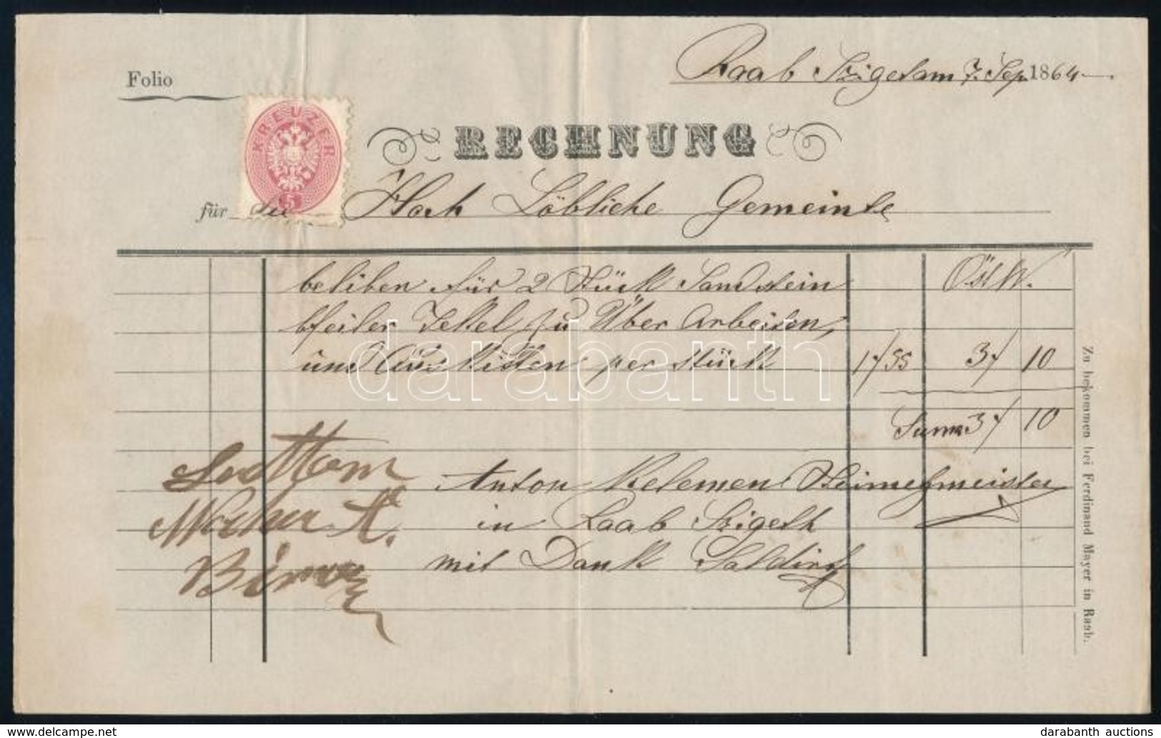 1864 5kr Okmánybélyeg Helyett Számlán / 5kr Postal  Instead Of Fiscal  Stamp On Invoice Raab - Győr (Ferchenbauer 1.000  - Autres & Non Classés