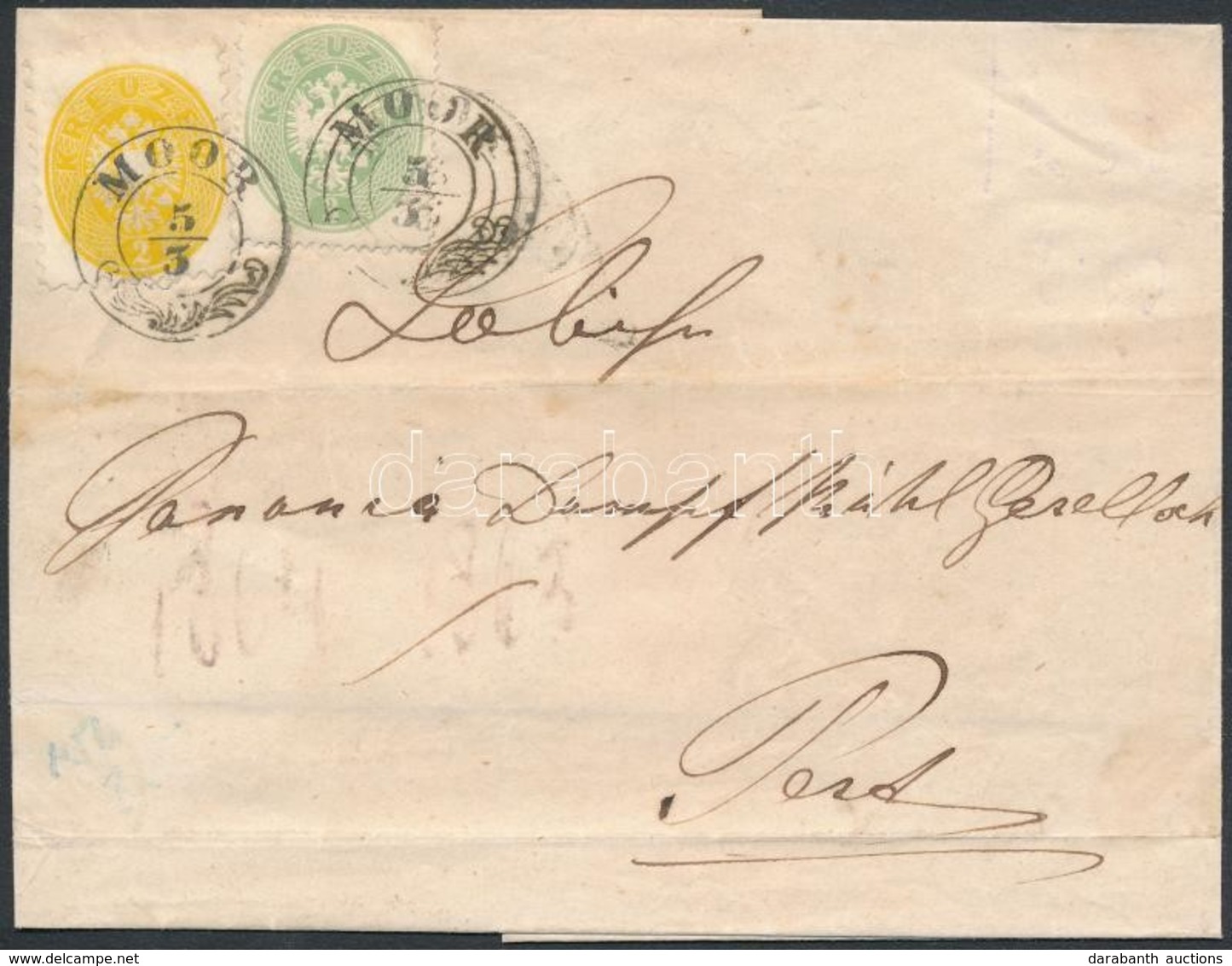 1865 1863 3kr + 1864 2kr Vegyes Bérmentesítés Levélen / Mixed Franking On Cover 'MOOR' - Pest - Other & Unclassified