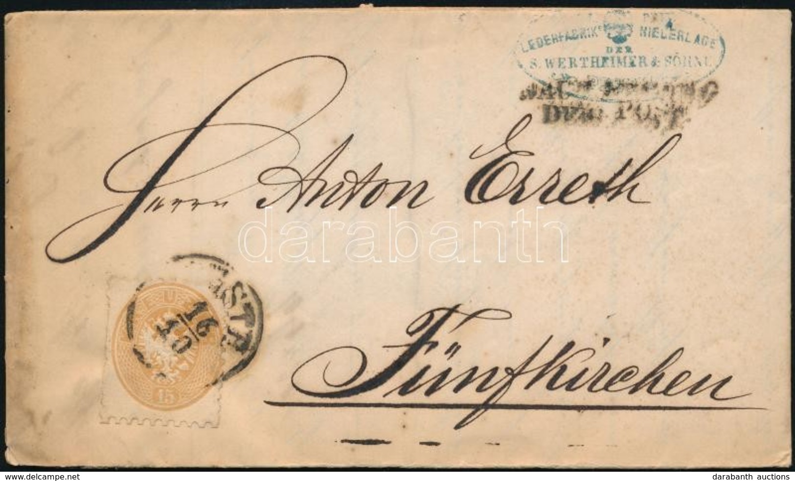 1865 15kr Levélen, Tartalommal / On Cover 'PESTH' - Fünfkirchen - Sonstige & Ohne Zuordnung