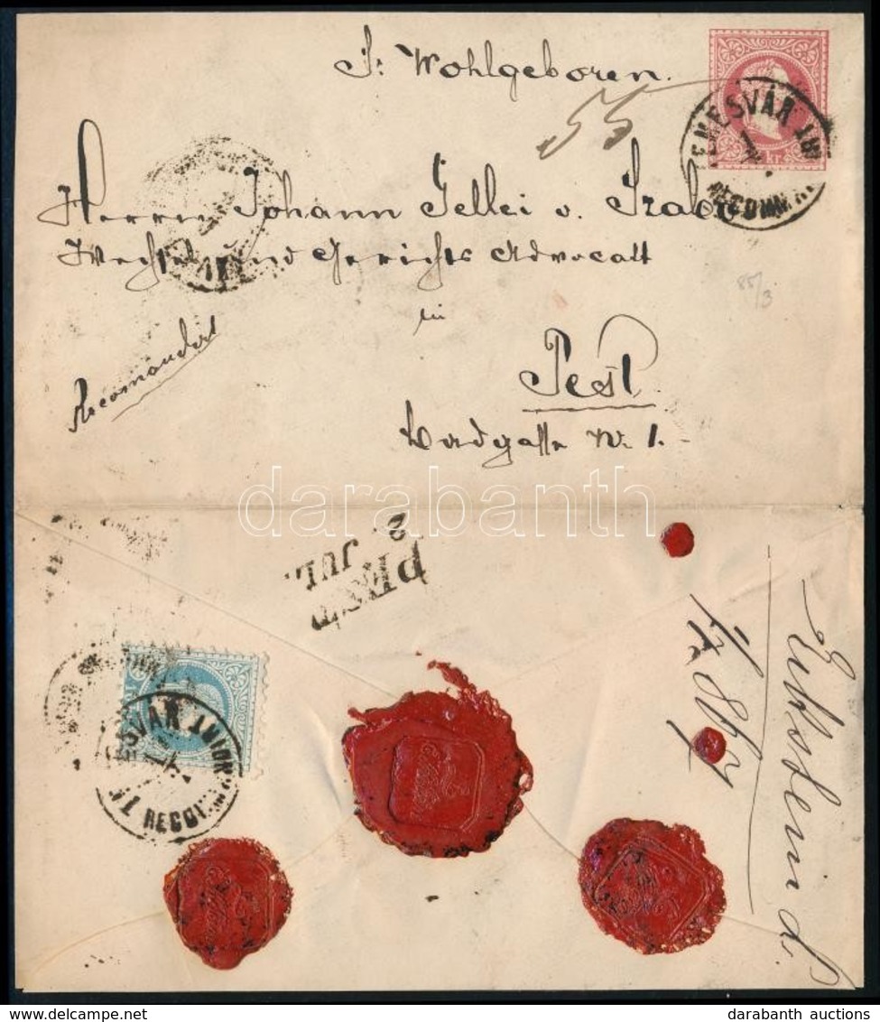 1867 Ajánlott 5kr Díjjegyes Boríték 10kr Kiegészítéssel / Registered PS-cover With 10kr Additional Franking 'TEMESVÁR /  - Autres & Non Classés