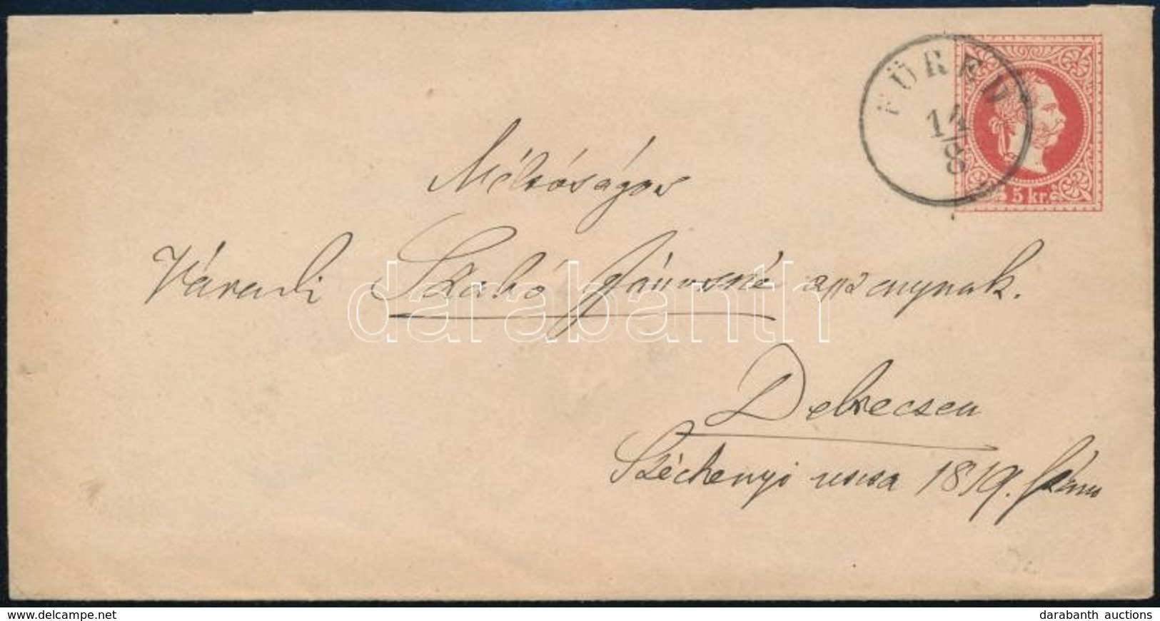 ~1868 5kr Díjjegyes Boríték / PS-cover 'FÜRED' - Debreczen - Autres & Non Classés