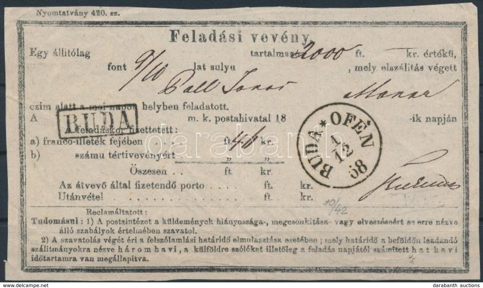 1868 Feladási Vevény / Aufgabs Recepisse 'BUDA / OFEN' - Sonstige & Ohne Zuordnung