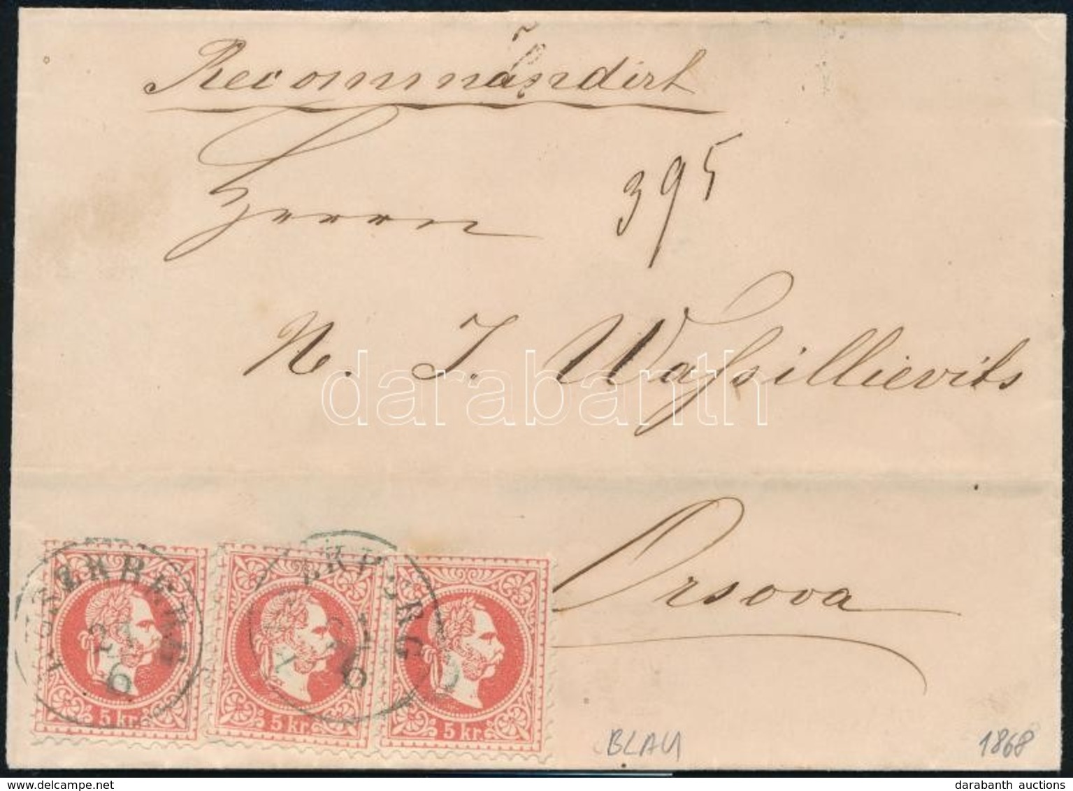 1868 3 X 5kr Ajánlott Levélen / On Registered Cover, Kék / Blue 'RUSZKBERG' - 'ALT-ORSOVA' - Autres & Non Classés