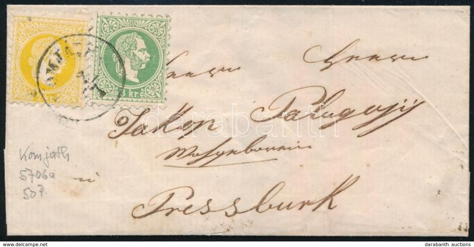 1868 2kr + 3kr Levélen / On Cover 'KOMJÁTH' - Pressburg - Autres & Non Classés